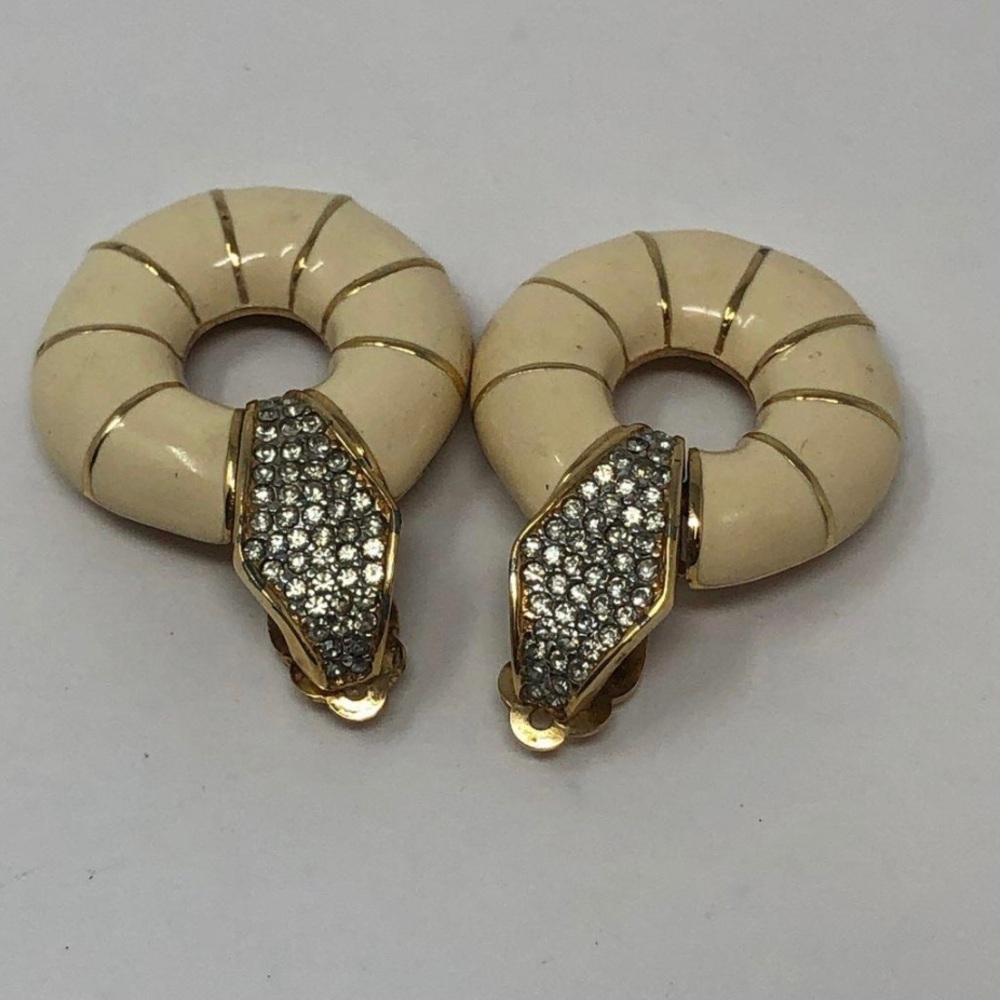 Vintage Ciner Signed Rhinestone Enamel Hoop snake clip on Earrings